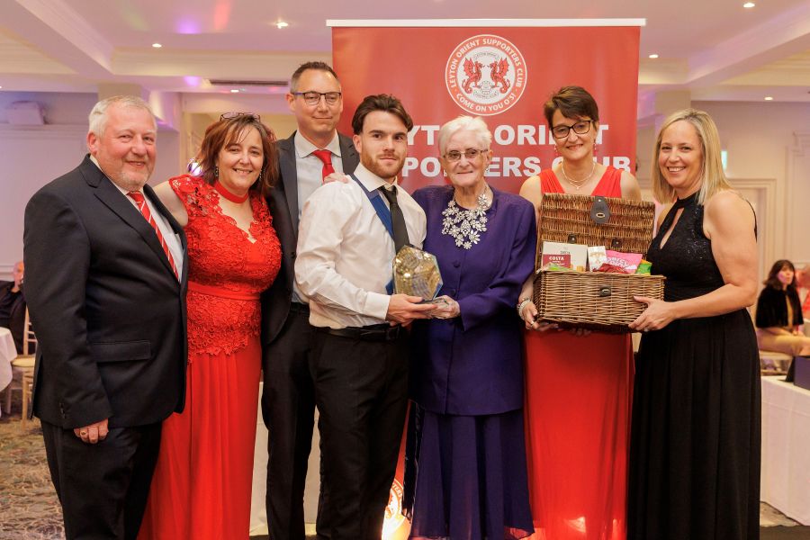LOSC Away Player Award 2026 sponsored by The LOFC Picnic Crew - l-r Mark Harrison, Linda Broughan, Ben Oakley, Aaron Connolly, Rose Hambleton, Keren Harrison, Gemma Oakley 